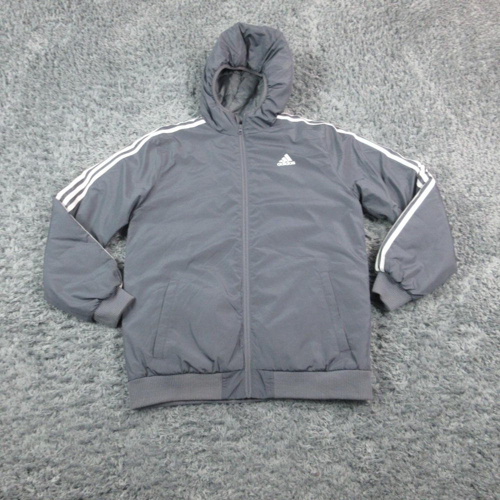 Adidas Jacket Youth XL 18/20 Gray Hooded Zip 3 Stripes Puffer Coat Insulated